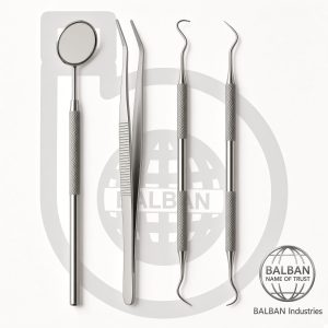 Four-piece Balban dental student examination kit on a white ground: mouth mirror, college tweezers, double-ended explorer and double-ended sickle explorer, with Balban Industries globe mark.