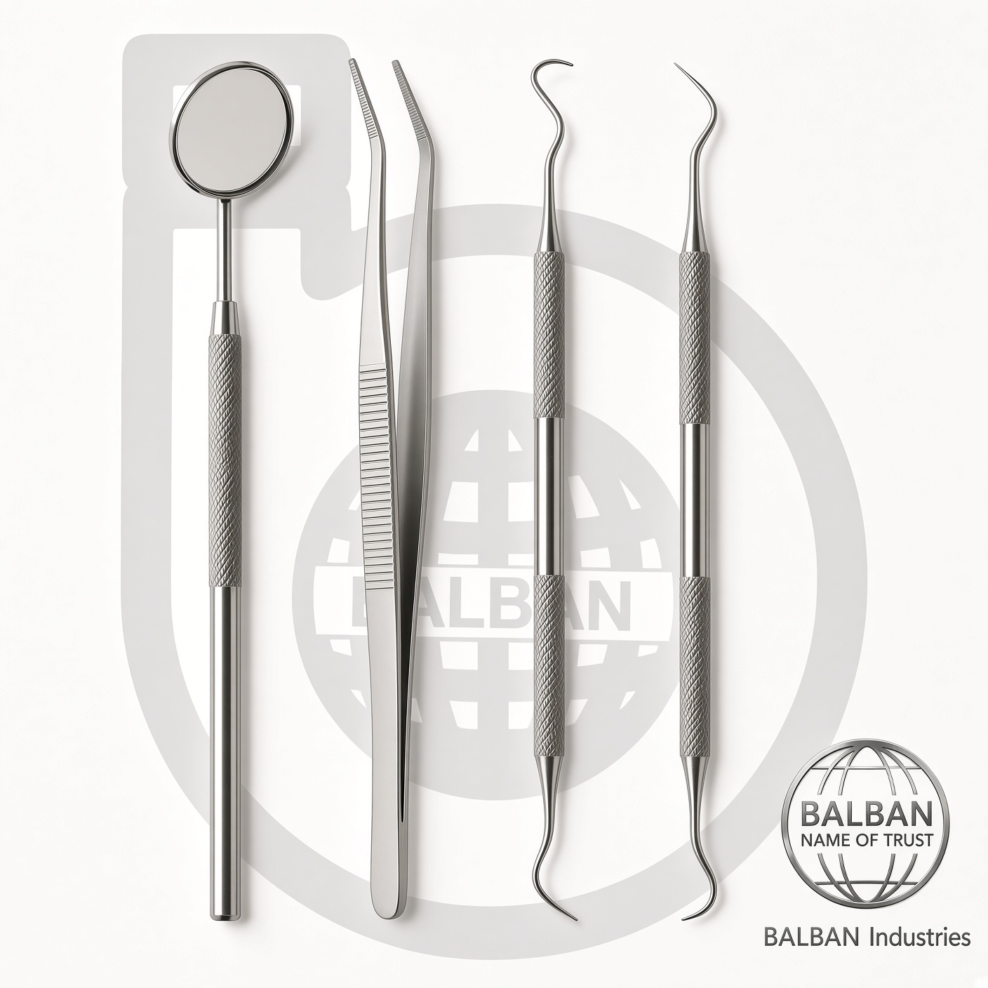 Balban Student Kit Four-piece Balban dental student examination kit on a white ground: mouth mirror, college tweezers, double-ended explorer and double-ended sickle explorer, with Balban Industries globe mark.